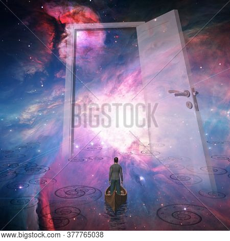 Surreal art. Man in boat floating in space. Traveller in space. 3D rendering