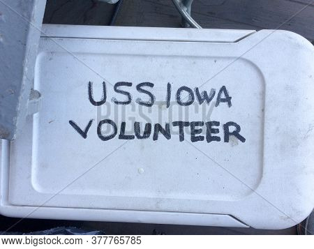 Uss Iowa Volunteer Sign Handwritten On Shite Plastic Tub Lid On Uss Iowa Naval Warship Destroyer Bat