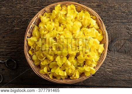 Fresh Denseflower Mullein Flowers In A Wicker Basket, Top View