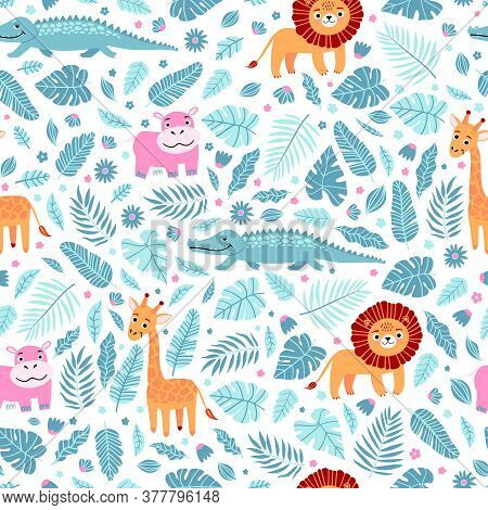 Seamless Pattern Of Wild Exotic Animals Living In Savannah Or Tropical Jungle. Vector Bright Illustr