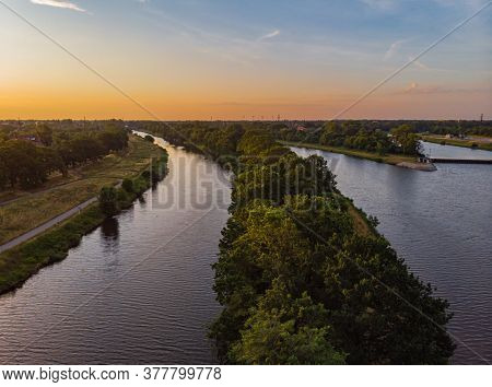 Morning Aerial Cityscape Over Coasts, Islands And Peninsula On Odra River In Wroclaw City