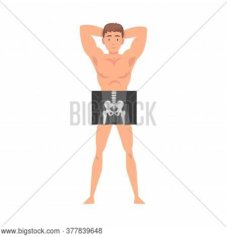 Young Man Standing In Undershorts Doing His Thigh Joint Roentgen Vector Illustration