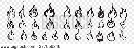 Hand Drawn Flames Doodle Set. Collection Of Pen Ink Pencil Drawing Sketches Of Fire Twinkles Isolate