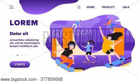 Fun Extreme Skateboard Park Flat Vector Illustration. Cartoon Teenagers Jumping And Doing Tricks Wit