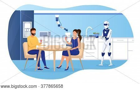 Young Attractive Couple On A Romantic Date. The Robot Assistant Works In The Kitchen And Prepares Di