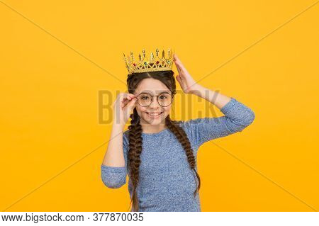 Smartest Princess. Long Awaited Reward. Little Smart Girl Wear Eyeglasses. Clever Child. Princess Co
