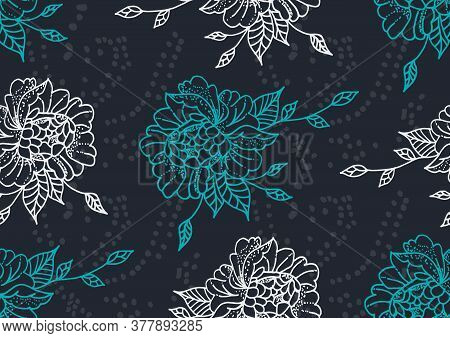 Floral Background.seamless Pattern With White And Blue Roses On A Black Background. Plant Theme. Vec
