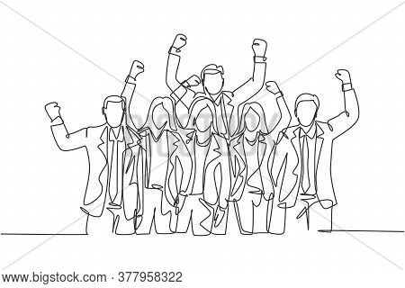 One Single Line Drawing Of Young Happy Male And Female Manager Open And Raise Their Hands Together. 