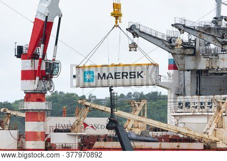 Crane Unloads Container Ship Sevmorput - Russian Nuclear-powered Icebreaker Lighter Aboard Ship Carr