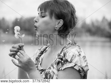 Mature European Pretty Good Woman On A Weekend Near Cottage Have A Good Mood At Summer Sunny Time