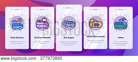 Bus Trip And Travel Onboarding Mobile App Page Screen Vector. Bus Trip Calendar Date And Ticket, Fas