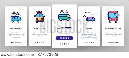 Bus Trip And Travel Onboarding Mobile App Page Screen Vector. Bus Trip Calendar Date And Ticket, Fas