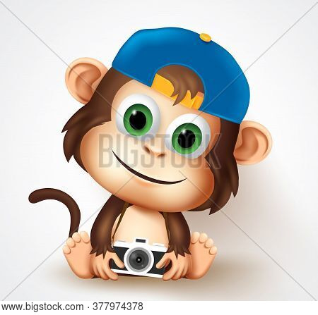 Cool Monkey Animal Character Vector Design. Cute Little Monkey Photographer In Friendly Facial Expre