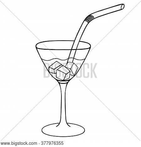 Martini With Ice Cubes. Sketch. Vector Stock Illustration. Outline On An Isolated White Background. 