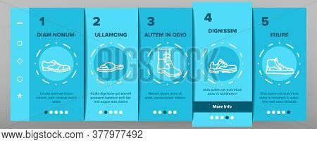Shoes Footwear Shop Onboarding Mobile App Page Screen Vector. Different Shoes Sneaker And Moccasin, 