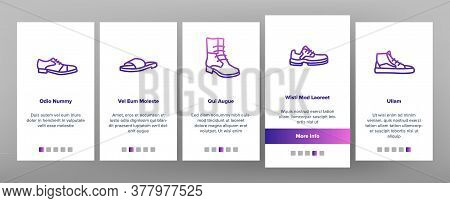 Shoes Footwear Shop Onboarding Mobile App Page Screen Vector. Different Shoes Sneaker And Moccasin, 