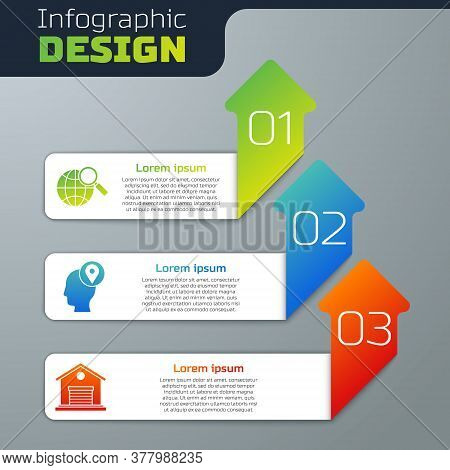 Set Magnifying Glass With Globe, Delivery Man With Cardboard Boxes And Warehouse. Business Infograph