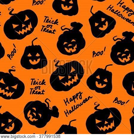 Halloween Seamless Pattern. Pumpkins Black Silhouette With Carved Scary Smiling Faces And Lettering.