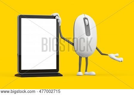 Computer Mouse Cartoon Person Character Mascot With Blank Trade Show Lcd Screen Display Stand As Tem