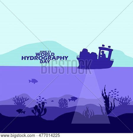 Underwater Illustration With A Ship Using Sonar To Examine The Ocean Depths With  Corals, Fish And B