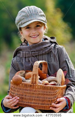 采摘蘑菇，蘑菇-可爱的女孩篮子的季节挑鲜食用菌