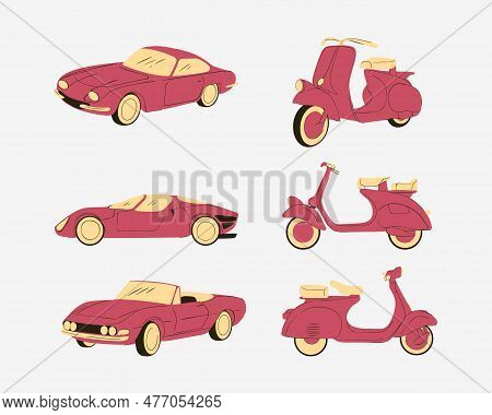 Set Of Vintage Scooters And Car . Vector Illustration In A Flat Style.