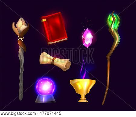 Magic Staff Realistic Colorful Set Of Ancient Manuscripts Magic Book Magic Ball Magic Wands Isolated