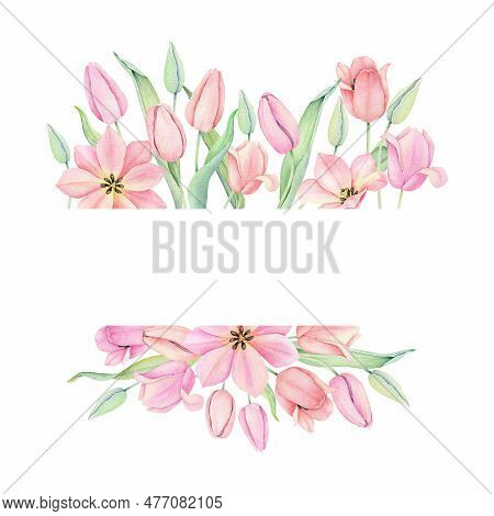 Watercolor Pink Tulip Wreath. Spting Floral Frame Isolated On White Background.