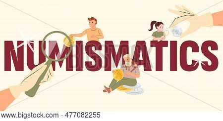 Numismatics Horizontal Banner With Text Human Characters Of Numismatists With Collectible Coins Flat