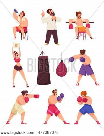 Boxing Box Ring Icon Set Boxing Athletes In The Ring And Their Accessories Vector Illustration