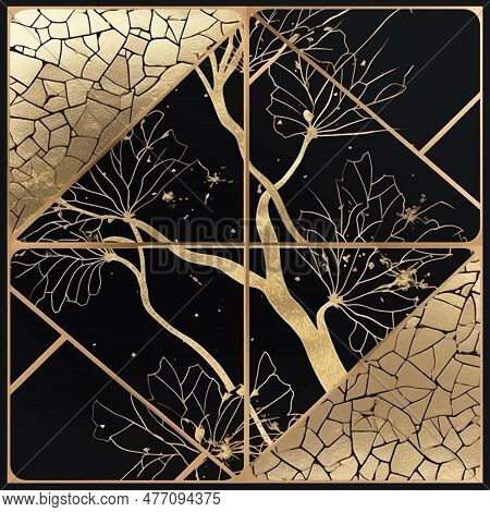 Japanese Style Art Deco Mosaic Seamless Pattern. Black And Gold Colors Modern Textured Background. T