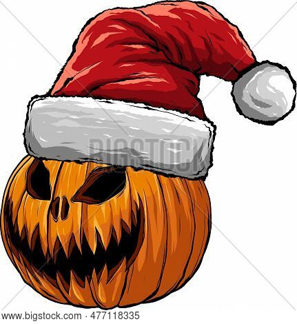 Vector Illustration Of Halloween Pumpkin Face In Santa Claus Hat.