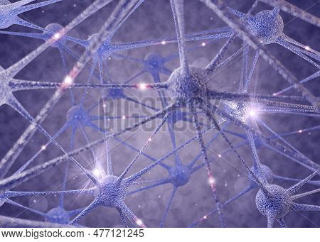 Impulses Traveling Between Neurons Through Axons On Purple Background, Illustration