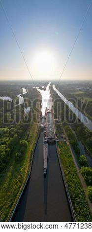 Duffel, Lier, Belgium, May 31, 2023, Aerial View Of The River Lock Between Nete Channel And Nete Riv