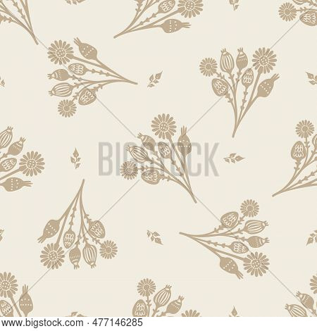 Quirky Floral Rose Lino Cut Motif Vector Pattern. Seamless Decoration Of Whimsical Foliate Design Fo