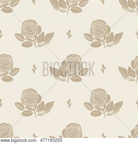 Quirky Floral Rose Lino Cut Motif Vector Pattern. Seamless Decoration Of Whimsical Foliate Design Fo