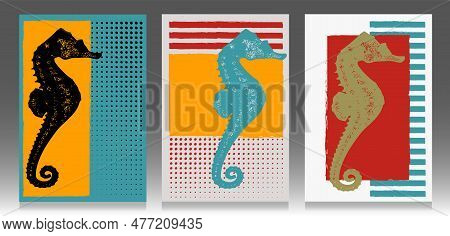 Contemporary Abstract Poster Set. Geometric Shapes And Silhouette Seahorse. Design For Wallpaper, Ba