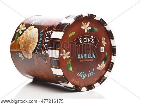 Irivne, California - 03 June 20223: A Carton Of Vanilla Ice Crean From Edys, Laying On Its Side.