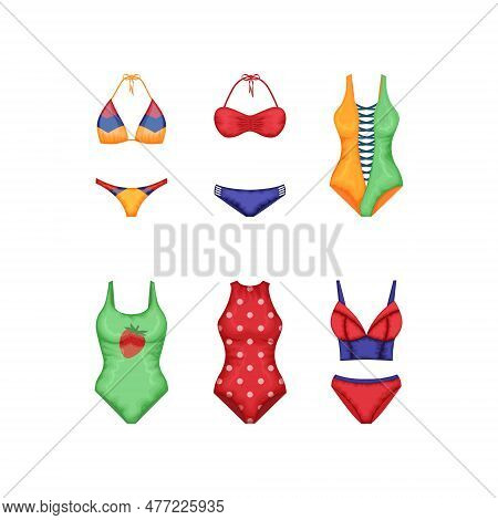 A Set Of Swimsuits. A Separate Swimsuit And A One-piece Swimsuit In Green, Red And Yellow Colors. Co