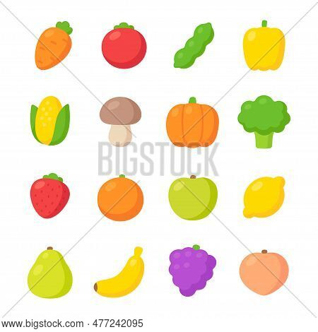 Cartoon Hand Drawn Fruit And Vegetable Icons. Cute And Simple Colorful Designs, Vector Illustration 