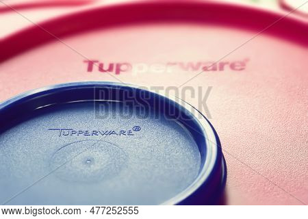 Tupperware Lids. Tupperware Brand Lids Close-up. Textured Image With Shallow Depth Of Field. Ukraine