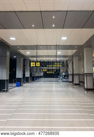 Peshawar, Pakistan - August 13, 2022: Arrivals Sign With Arrow Direction To The Hallway At Peshawar 