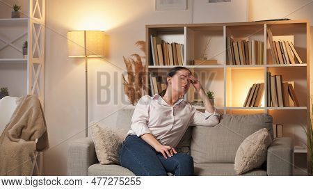 Tired Rest. Home Headache. Evening Fatigue. Exhausted Business Woman Touching Head Taking Break On C