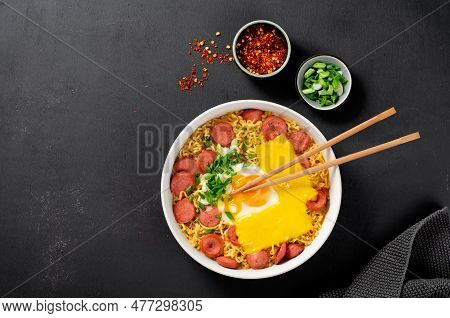 Ramen Noodles With Sausages, Egg, Melted Cheese And Scallion, Microwave Shin Ramyeon Or Ramyun On Da