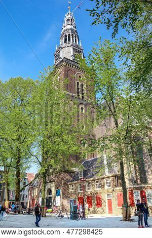 Amsterdam, Netherlands - May 5, 2013: This Is The Belfry Of The Oudekerk Church In The Historic Cent