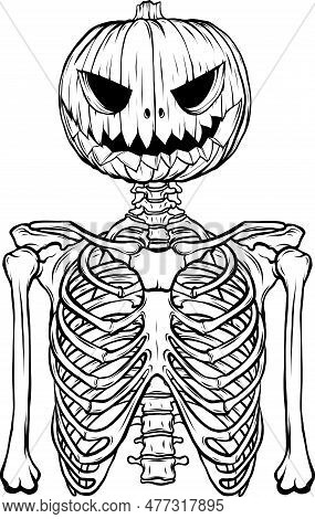 Vector Illustration Of Monochrome Halloween Skeleton With Head Pumpkin