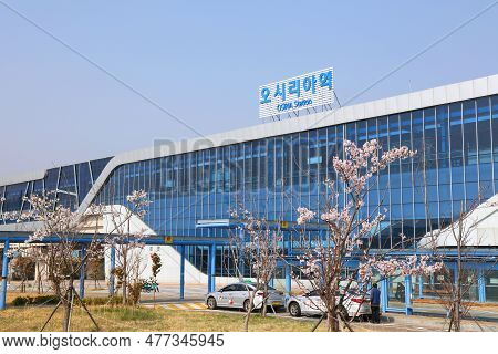 Busan, South Korea - March 29, 2023: Taxi Cabs Wait In Front Of Osiria Station On Donghae Line In Gi