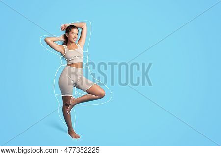 Glad Young Caucasian Slim Lady In Sportswear With Abstract Fat Body, Show Result Before And After Tr