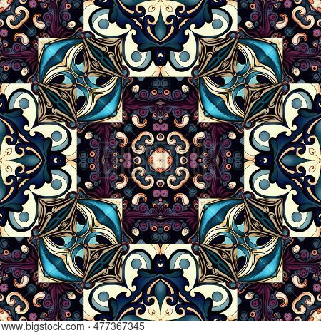 Ornamental Victorian Seamless Wallpaper In Roccoco Style. Repeat Tile Of Ornate Botanical Baroque De