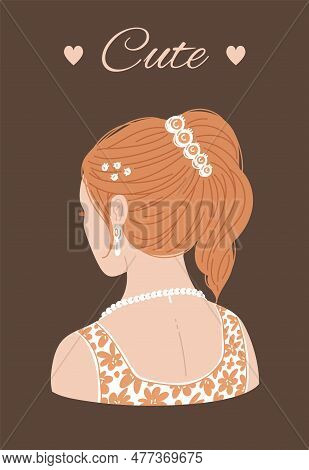 Vector Illustration Of Cute Hairstyle Of A Woman With Orange Blond Hair Pulled Up And Tied At The Ha